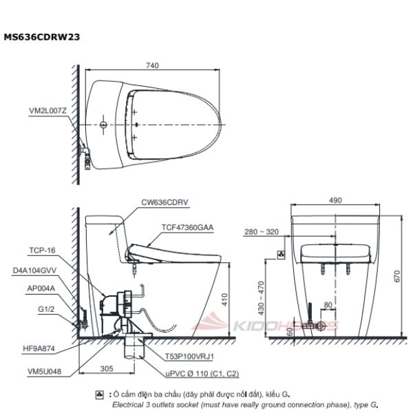 Bàn cầu 1 khối TOTO MS636CDRW23 kèm nắp rửa điện tử TCF47360GAA 2 Bản vẽ kỹ thuật của bàn cầu 1 khối TOTO MS636CDRW23 kèm nắp rửa điện tử TCF47360GAA