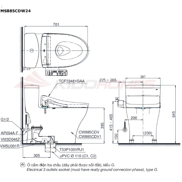 Bản vẽ kỹ thuật của bàn cầu thông minh TOTO MS885CDW25#XW