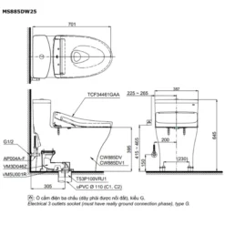 Bản vẽ kỹ thuật của bàn cầu thông minh TOTO MS885DW25#XW