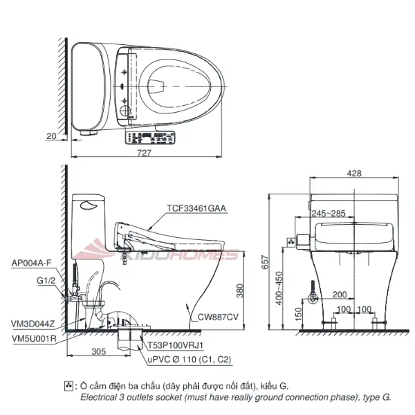 Bản vẽ kỹ thuật của bàn cầu thông minh TOTO MS887CRW24#XW
