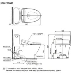 Bản vẽ kỹ thuật của bàn cầu thông minh TOTO MS887CRW25#XW