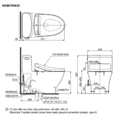 Bản vẽ kỹ thuật của bàn cầu thông minh TOTO MS887RW25#XW