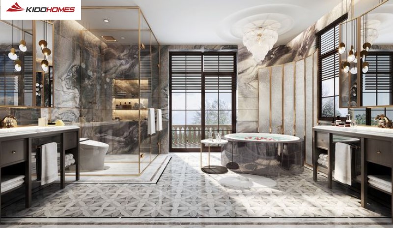 Phong cách tân cổ điển trong thiết kế phòng tắm là sự kết hợp hài hòa giữa nét đẹp cổ điển tinh tế và sự hiện đại tiện nghi Phong cách tân cổ điển trong thiết kế phòng tắm là sự kết hợp hài hòa giữa nét đẹp cổ điển tinh tế và sự hiện đại tiện nghi