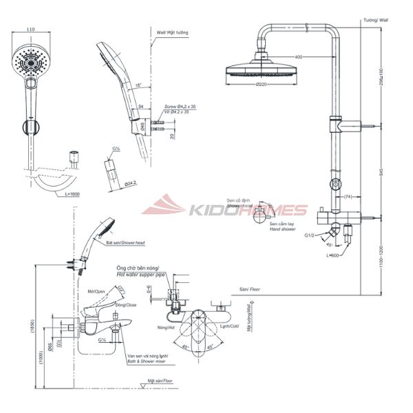 Bản vẽ kỹ thuật bộ sen cây TOTO TBW01002BA/TBG01302VA/TBW01035V