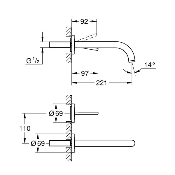 Bản vẽ kĩ thuật Thân âm vòi lavabo hai lỗ GROHE 23429000