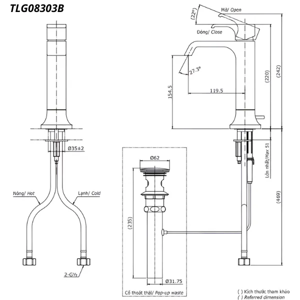 Bản vẽ kỹ thuật của vòi chậu nóng lạnh TOTO TLG08303B#BBR