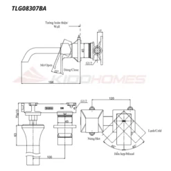 Bản vẽ kỹ thuật của vòi chậu âm tường nóng lạnh TOTO TLG08307BA