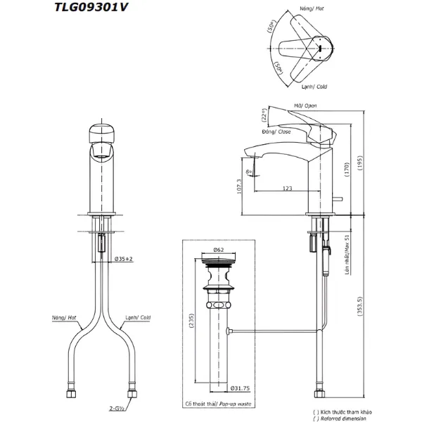 Bản vẽ kỹ thuật của vòi chậu nóng lạnh TOTO TLG09301B#PFG