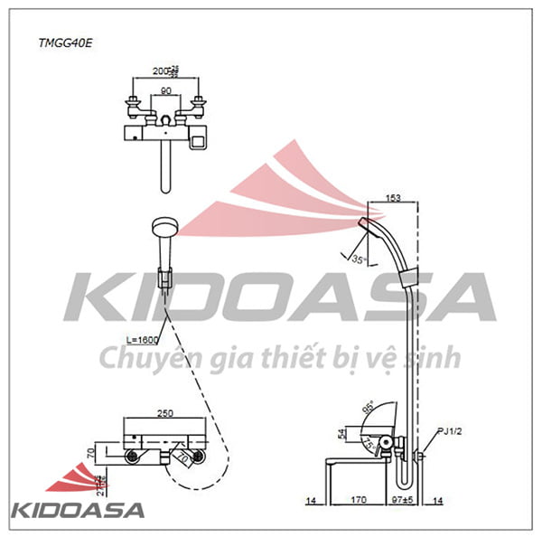 Bản vẽ kỹ thuật của vòi hoa sen tắm nhiệt độ TOTO TMGG40E
