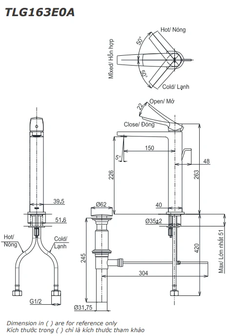 Bản vẽ kỹ thuật Vòi Lavabo TOTO TLG163E0A – Thân cao GN Series cho chậu đặt bàn