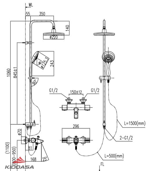 Bản vẽ kỹ thuật của Sen cây tắm nhiệt độ Inax BFV-6015S